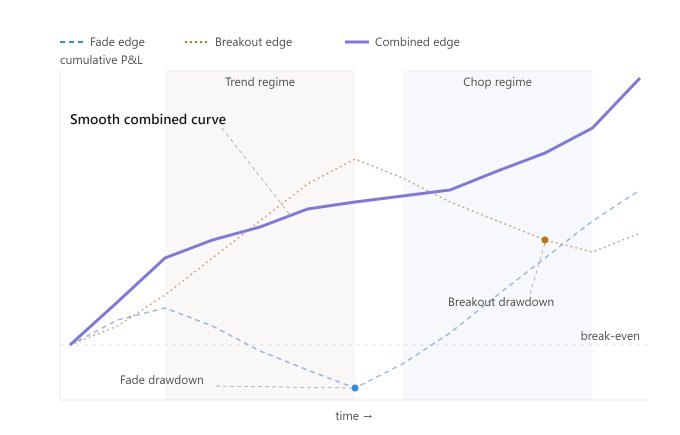 Fade edge, breakout edge and their combined equity curve across trend and chop regimes